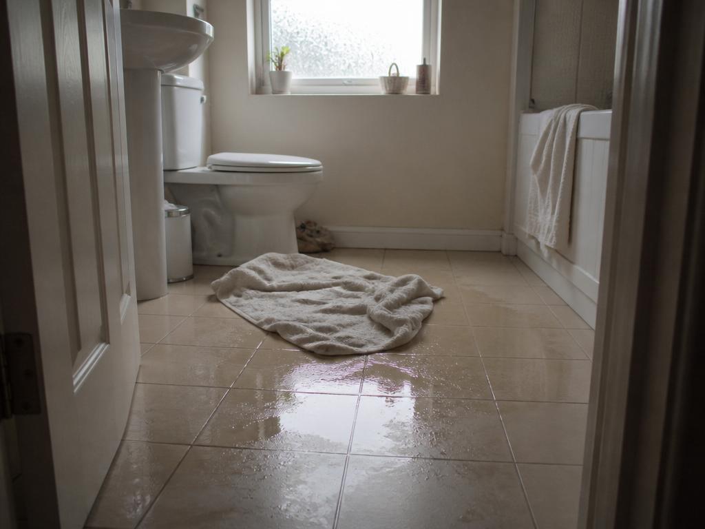 Bathroom floor with water pooling from a leak before the emergency plumber arrives